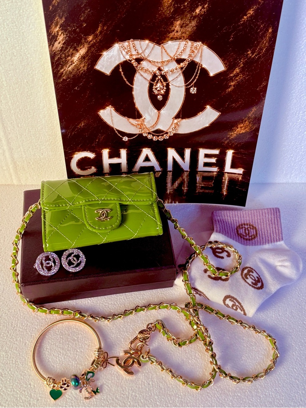 Green Quilted Mini Wallet with Gold Tone Crossbody Chain